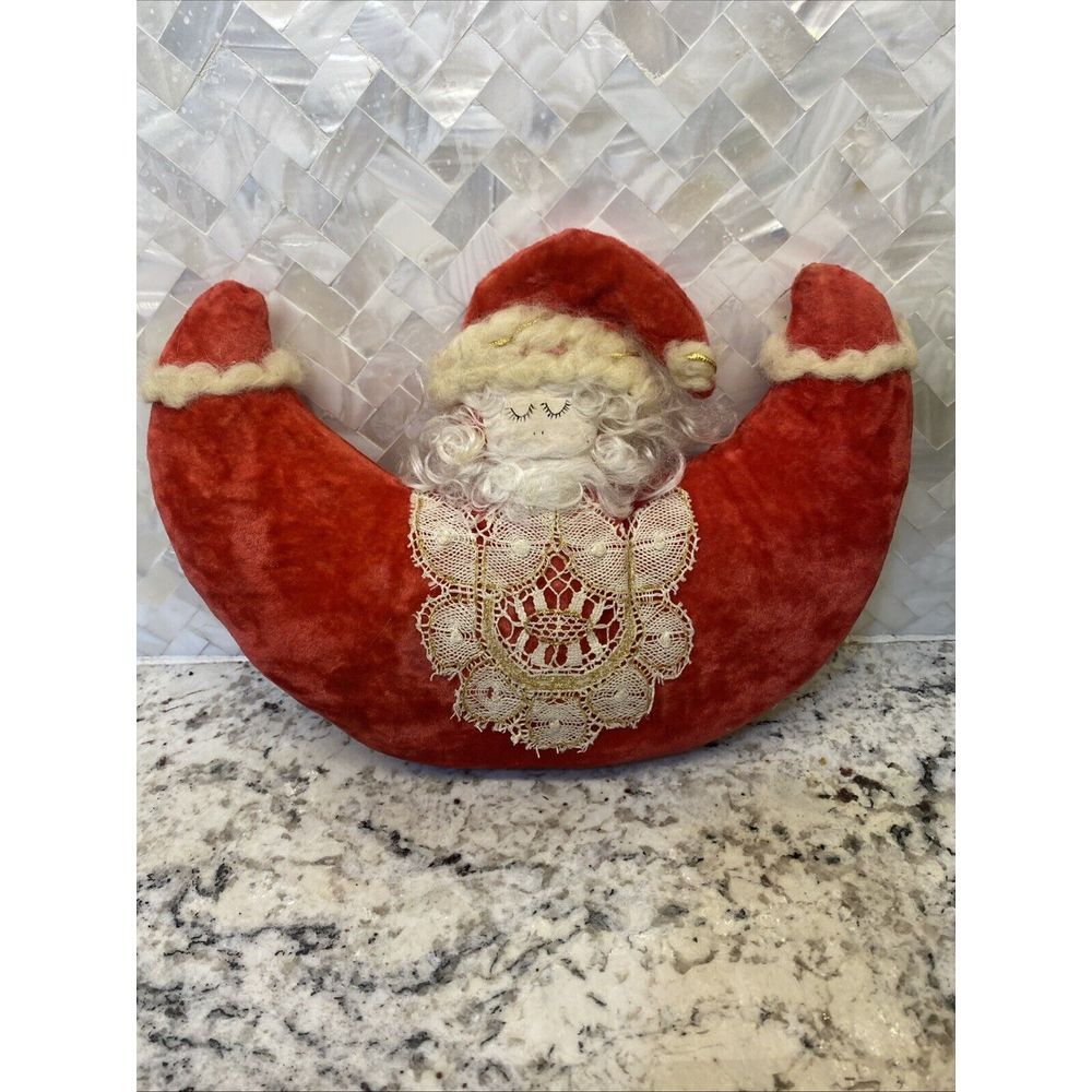 Rare Vintage‎ Santa Claus MCM Cloth Velvet? Lace? Pillow Christmas Moon Angel